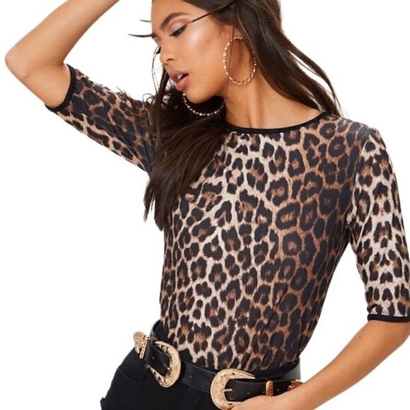 Pretty little thing tan leopard tee shirt size 6 - Picture 1 of 12